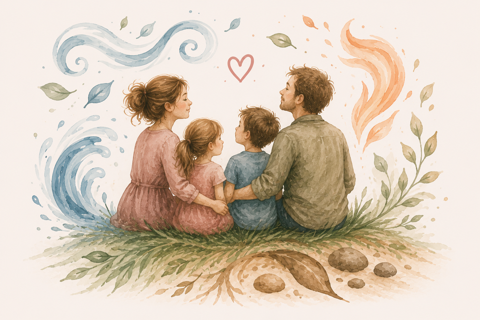 Akvarelová ilustrace rodiny se dvěma dětmi obklopené čtyřmi živly